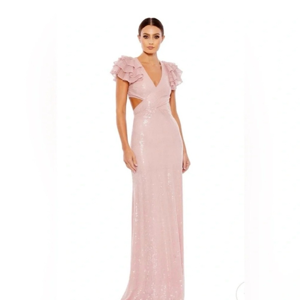 Mac Duggal Sequined Ruffled Cut Out Lace Up Gown in Rose